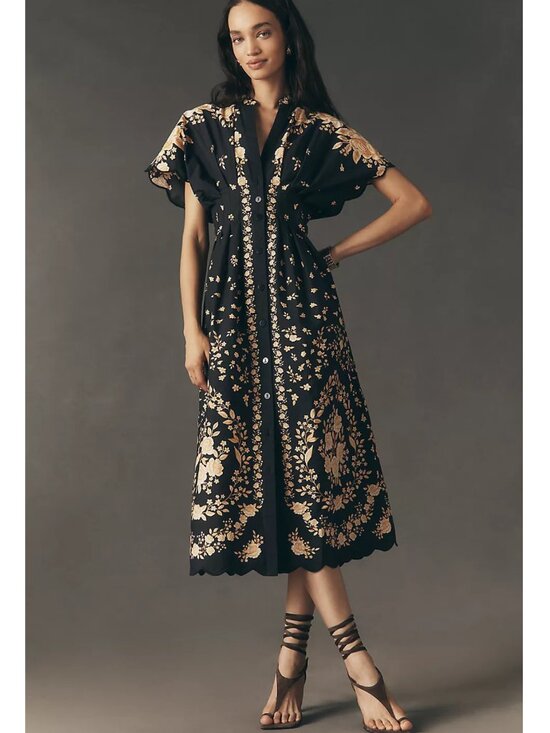 FARM Rio Dresses & Skirts - Anthropologie x Farm Rio Black Floral Cotton Button Front Midi Dress Size L